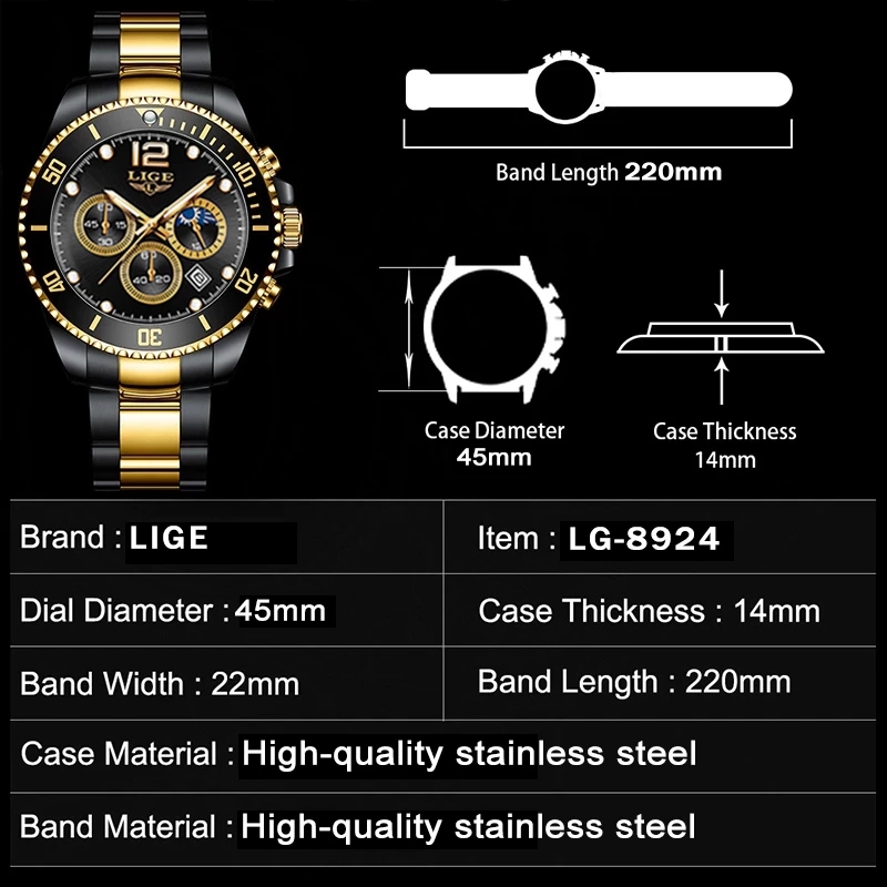 LIGE moda siyah altın saat üst - Luxury Watch Gold And Black incelemesi ve fiyatı